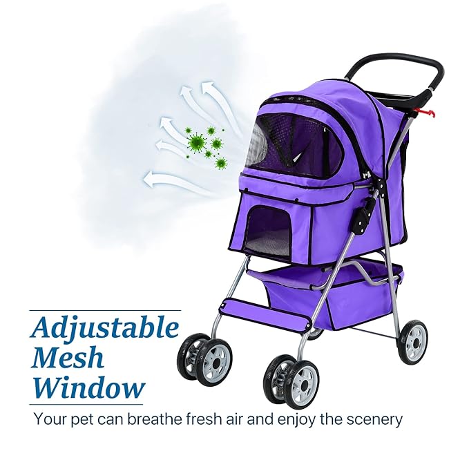 HHS Dog Strollers for Small Puppy Pet Stroller Dogs Cat 2, 4 Wheel Folding Travel Jogger Strolling Cart with Storage Basket, Cup Holder, Removable Liner, Purple, 17.5 (L) x 33 (W) x 38.6 (H) inches
