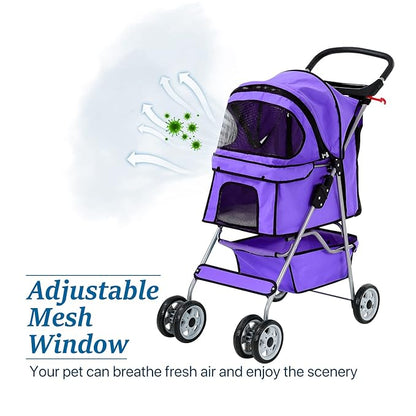 HHS Dog Strollers for Small Puppy Pet Stroller Dogs Cat 2, 4 Wheel Folding Travel Jogger Strolling Cart with Storage Basket, Cup Holder, Removable Liner, Purple, 17.5 (L) x 33 (W) x 38.6 (H) inches