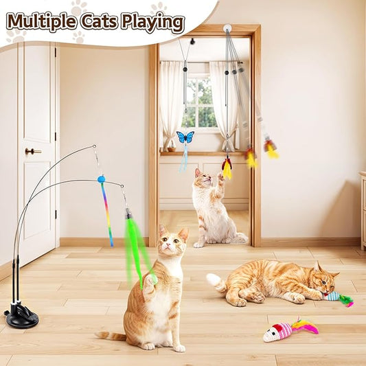 HONGDDY Cat Toys for Indoor Cats, 14Pcs 4 in 1 Cat Interactive Toys, Hanging Door Kitten Wand with Suction Cup Removable Feathers Balls Mice Butterfly Streamers