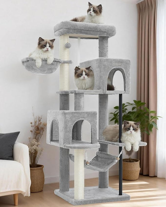 Gitelsnour 51.2'' Cat Tree Tower, Cat Tower with Scratching Post, Sturdy Steel Pube Cat Tree for Inoor Cats Large Adult, Cat Hammock and Basket, Padding Top Platform, Light Gray GCT014W