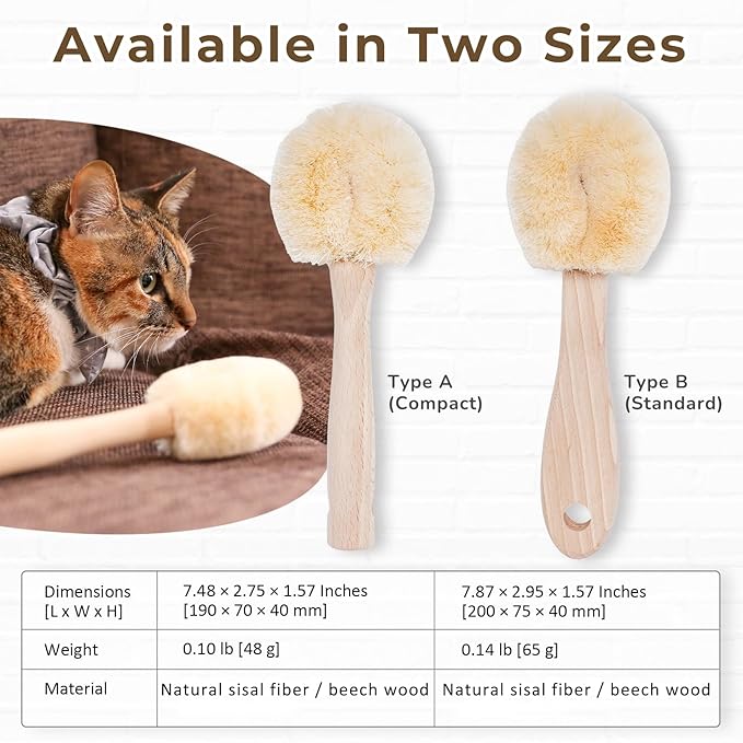 Cat Brush for Indoor Cats – Soft Gentle Natural Sisal Cat Grooming Brush & Cat Massage Brush, Collects Loose Surface Fur (Not a Heavy Deshedding Tool), Handmade in Japan (Type-B)