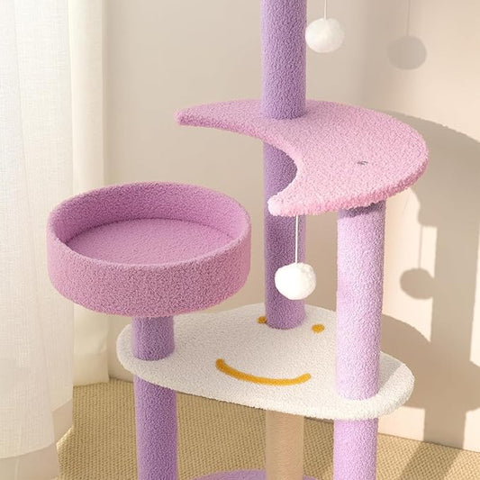 Moon Star Cat Tree, 47 in Tall Cat Cloud Tower with Cattery Sisal Scratching Post, Pink Purple Kittie Condo Cozy Fluffy 3 Pillars Kitten Tree for Small Meduim Cats Climbing Indoor Activity