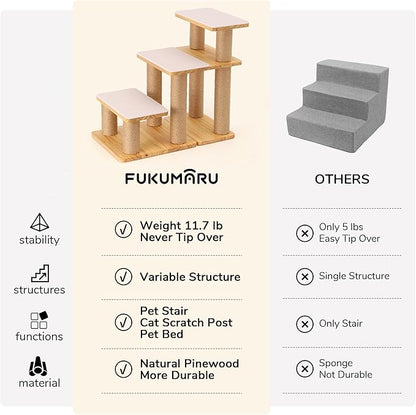 FUKUMARU Dog Stairs, Solid Wood Pet Stairs with Cat Scratching Post, Transformable Cat Ramp Can Hold Up to 200 lbs, 20 Inch Pet Steps for Dogs and Cats to Climb High Bed and Couch, Over 6 Combinations
