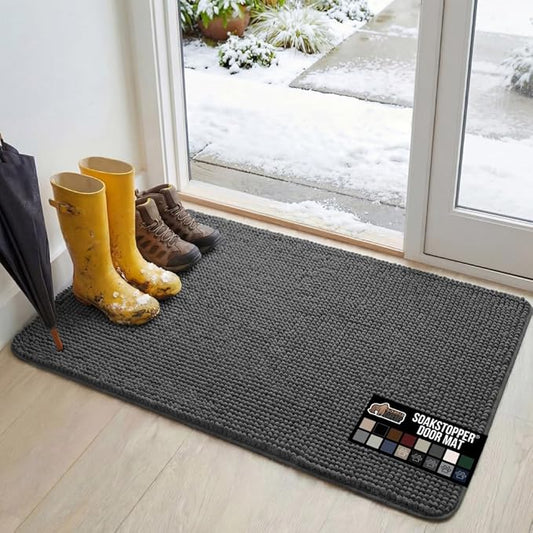 GORILLA GRIP SoakSTOPPER Dog Door Mat, 48x30 Machine Washable Rug Absorbent Doormat Captures Moisture Mud Dirt, Quick Dry Soft Chenille Entryway Rugs Indoor Entrance Mats for Dog Paws, Charcoal