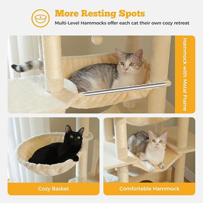 MUTTROS 81" Heavy Duty Cat Tree for Large Cats up to 20lbs - Extra Tall Cat Tower with Metal Frame Hammock, 6 Sisal Scratching Posts, 2 Perches - Indoor Cat Furniture for Maine Coon, Big Cats, Beige