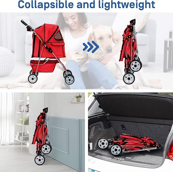 Best 4 Wheels Pet Stroller for Dog Cat, Lightweight and Foldable Pet Jogger Stroller, Carrier Strolling Cart W/Cup Holders Removable Liner for Small and Medium Dog Cat or Pet - Red