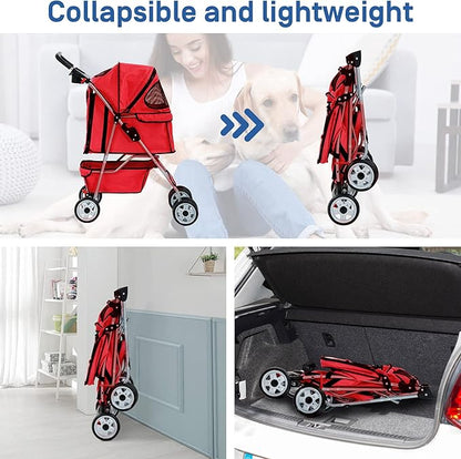 Best 4 Wheels Pet Stroller for Dog Cat, Lightweight and Foldable Pet Jogger Stroller, Carrier Strolling Cart W/Cup Holders Removable Liner for Small and Medium Dog Cat or Pet - Red