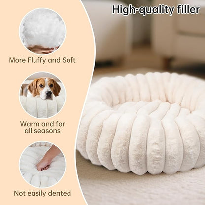 Warming Faux Rabbit Fur Pet Beds – Luxurious Donut Dog & Cat Bed, Anti-Anxiety Calming Cuddler Bed for Small Medim Dogs, Washable Round Puppy Kitten Beds, Non-Slip Bottom(31x31x8, White)