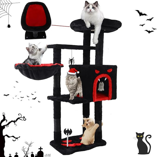Gothic Cat Tree for Indoor Cats Large Adult, 40.5" Goth Cat Trees Tower with Coffin Cat Bed,Scratching Post,Cat Condo, Furniture Towers with Hammock, Tall Black Cat Tree Halloween Hanging Toys(Black)