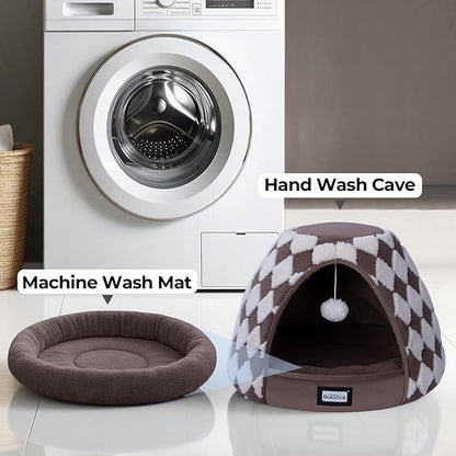 BALANCE Cat Beds for Indoor Cats, 2-in-1 Cat Bed Cave with Anti-Slip Bottom and Ultra-Soft Plush, Cozy Cats House Tent for Kittens and Small Dogs, 19 Inches, Dark Brown