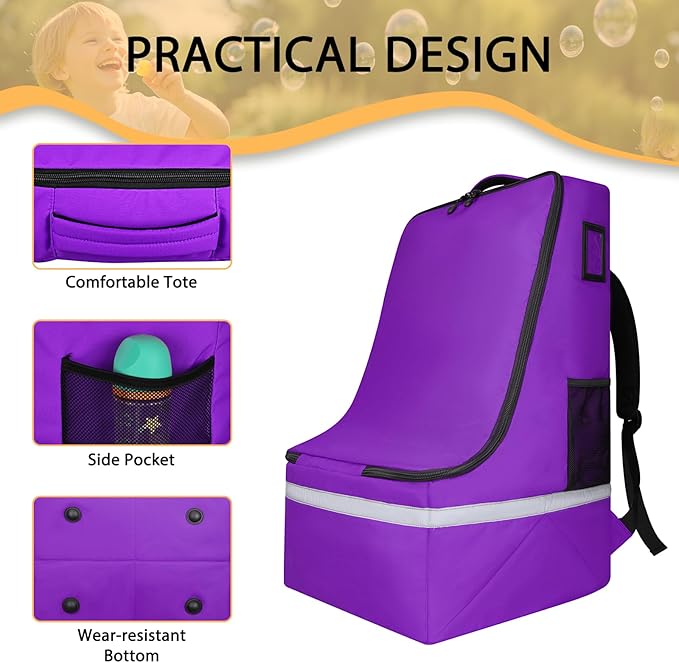LARIPOP Car Seat Travel Bag for Airplane Gate Check Approved, Padded Backpack with Adjustable Straps, Reflective Strips & Protective Feet for Infant Convertible Booster Seats, Purple