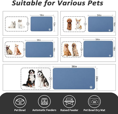 Dog Food Mat - Absorbent Cat Mat for Food and Water, No Stains Pet Feeding Bowl Mat, Easy to Clean Pet Placemats, Quick Dry Dog Water Dispenser Mat for Messy Drinkers | Paw Blue 16"x 24"
