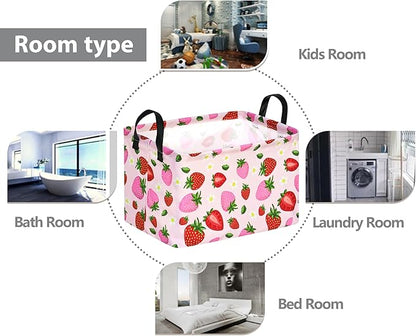 Strawberry Print Storage Box Girls Gifts Basket Clothes Hamper Basket Collapsible Organizer Bin Gift Shelf Baskets for Home and Kitchen Storage.