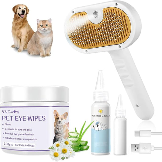 Pet Steam Brush for Dog & Cat – 3-in-1 Spray Hair Removal Comb for Shedding & Grooming, Softens Fur & Reduces Static – Water Brush for Long & Short Coats, Bath-Hating Pets, Includes Waterless Shampoo