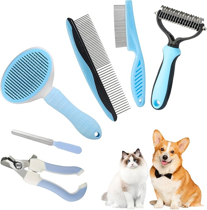 6 In 1 Dog Brush Dog Grooming Kit Undercoat Rake, Slicker Brush, Deshedding Comb, Nail Clipper for Long & Short Haired Dogs & Cats