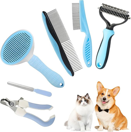 6 In 1 Dog Brush Dog Grooming Kit Undercoat Rake, Slicker Brush, Deshedding Comb, Nail Clipper for Long & Short Haired Dogs & Cats