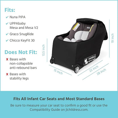 J.L. Childress Padded Infant Car Seat Bag with Wheels - Travel Bag for Airplane, Fits Most Baby & Infant Car Seats, Compatible with UPPAbaby, Nuna, & Chicco, AirTag Compatible - Premier, Black