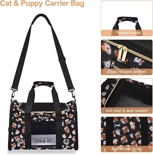 Petmolico Cat Carrier Dog Carrier, Airline Approved Soft Pet Travel Carrier with 3 Open Doors Mesh Windows for Cats Puppy 16 lbs(Large,Orange Flower)