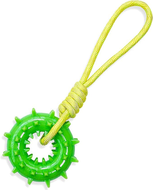 Durable Dog Chew Toy – Tough Rubber and Rope Tug Toy with Squeaker, Interactive Training and Fetch Toy for Aggressive Chewers, Medium and Large Dogs, Heavy Duty Tug-of-War (Round Ball)