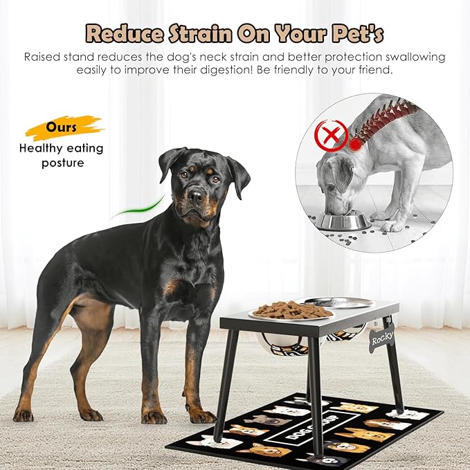 Metal Raised Dog Bowl Stand for Large and Medium Dogs, Elevated Dog Bowls with Sprill Proof Mat ＆ Slow Feeder, Pet Food Bowls 10" Tall Dogs Feeder (58OZ-Stainless Steel Pet Bowl, Mat-16x24in)