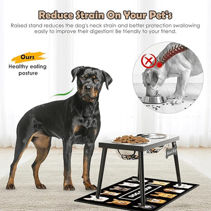 Metal Raised Dog Bowl Stand for Large and Medium Dogs, Elevated Dog Bowls with Sprill Proof Mat ＆ Slow Feeder, Pet Food Bowls 10" Tall Dogs Feeder (58OZ-Stainless Steel Pet Bowl, Mat-16x24in)