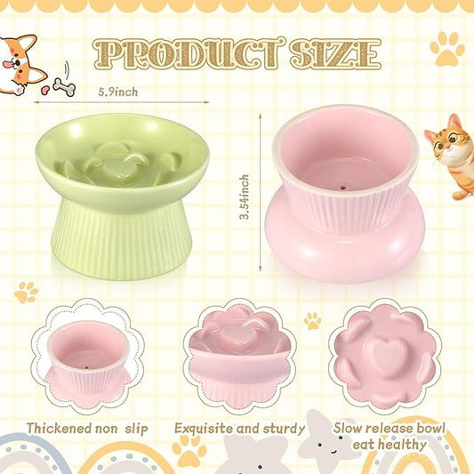 Layhit 2 Pack Raised Slow Feeder Cat Bowls Ceramic Elevated Cat Food Bowls Anti Vomiting Slow Feeder for Dog and Kitten for Dry and Wet Food(Green, Pink)