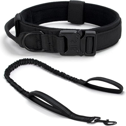 Tactical Dog Collar Set, Adjustable Military Training Nylon Dog Collar with Control Handle and Heavy Quick-Release Metal Buckle for Small Medium Large Dogs, Black Set XL