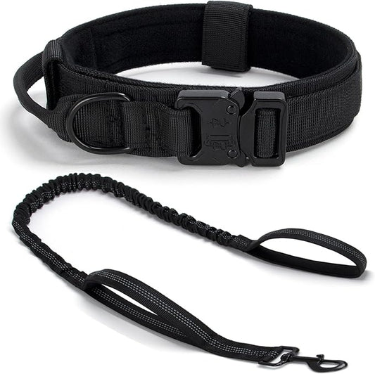 Tactical Dog Collar Set, Adjustable Military Training Nylon Dog Collar with Control Handle and Heavy Quick-Release Metal Buckle for Small Medium Large Dogs, Black S