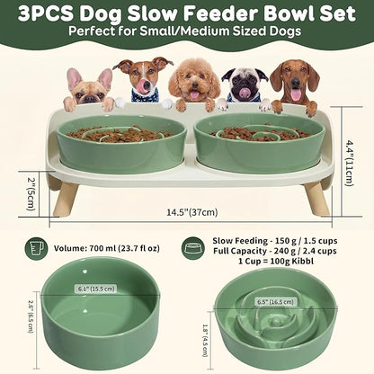 Elevated Slow Feeder Dog Bowls - Ceramic Food and Water Bowl Set with Stand - Raised Pet Dishes for Small and Medium Sized Dogs