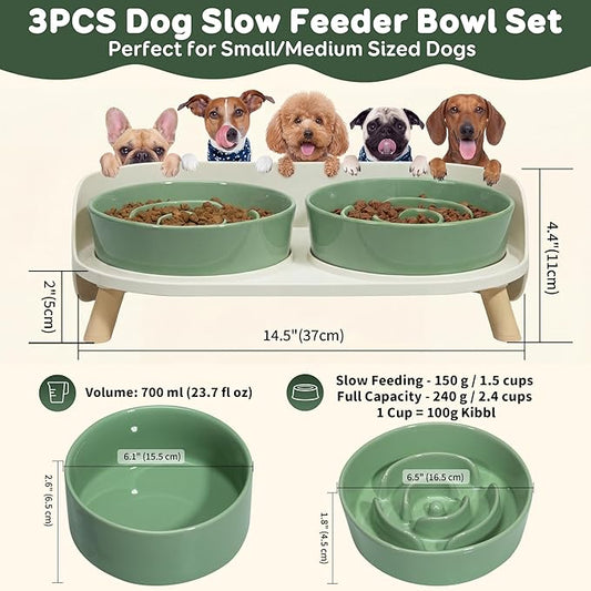 Elevated Slow Feeder Dog Bowls - Ceramic Food and Water Bowl Set with Stand - Raised Pet Dishes for Small and Medium Sized Dogs