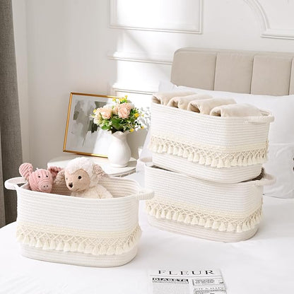 2 Pack Storage Basket for Shelves, Boho Cotton Rope Storage Bins with Heavy Tassel, Shelf Baskets Large Woven Baskets for Organizing, Cube Organizer Bins, Baby Laundry Basket for Clothes, Toys, Pets