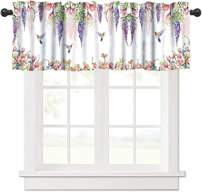Flower Hummingbird Window Valance Curtains, Boho Watercolor Spring Bird Butterfly Blooming Floral Plant Nature Valance Curtain for Farmhouse Bedroom Living Room Kitchen 54x18inch