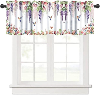 Flower Hummingbird Window Valance Curtains, Boho Watercolor Spring Bird Butterfly Blooming Floral Plant Nature Valance Curtain for Farmhouse Bedroom Living Room Kitchen 54x18inch