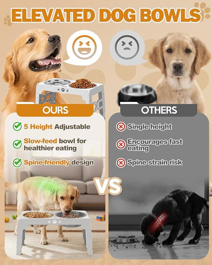 Elevated Dog Bowls with Mat, Non-Slip Dog Feeder with 1*Stainless Steel Dishes & 1*Slow Feeder Bowl, 5 Heights Adjustable Raised Bowls for 3.15″-8.66″-9.84″-11.02″-12.2″