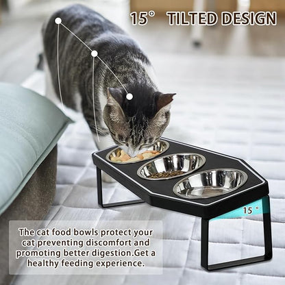 Gothic Cat Food Bowls Elevated, Raised Cat Bowls for Indoor, Non-Slip Stand & Wood Board, Stainless Steel and Whisker Friendly Food Bowls (Cat Bowl*3)