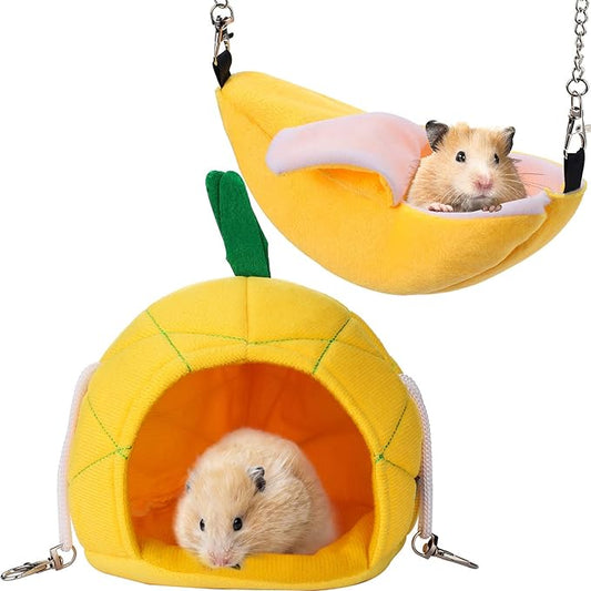 Jetec 2 Pcs Hamster Hammock Soft Bed Small Pet Animals Hamster Hanging House Cage Nest for Guinea Pig Rat Chinchilla Sleep and Play, Banana and Pineapple(Yellow)