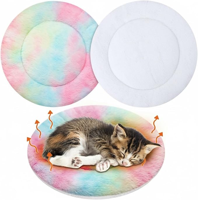 VitalCozy 2 Pack Self Heating Cat Pad Self Heating Cat Bed Machine Washable Heat Pet Mat Reversible Body Thermal Warm Round Dog Bed Crate Blanket for Feral and Indoor Cats(12'',Tie Dye)