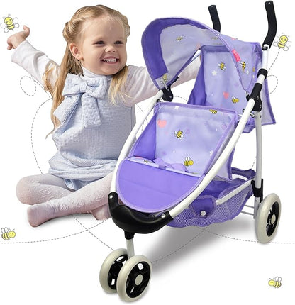 Doll Stroller Toy Anivia Realistic Twin Dolls Pram, Doll Pushchair with Shopping Basket Heart Design Gifts for Toddlers and Girls Foldable Baby Doll Stroller Toy (DA310pur)
