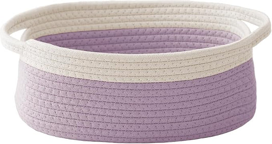 Woven Basket,Small Rope Storage Bin with Handles & Ribbon Bag, Organizer for Shelves Closets,Gift Basket Empty for Birthday,Books,Dog Toys, White&Purple