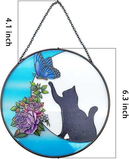 Cat Stained Glass Butterfly on Moon Gifts, Handcrafted Suncatchers for Stained Glass Window Hangings, Gifts for Cat Lovers