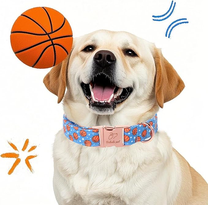 Adjustable Boy Dog Collar - Cute Blue Basketball Print Dog Collars for Medium Dogs, Durable Pet Heavy Duty Metal Buckle Collar M
