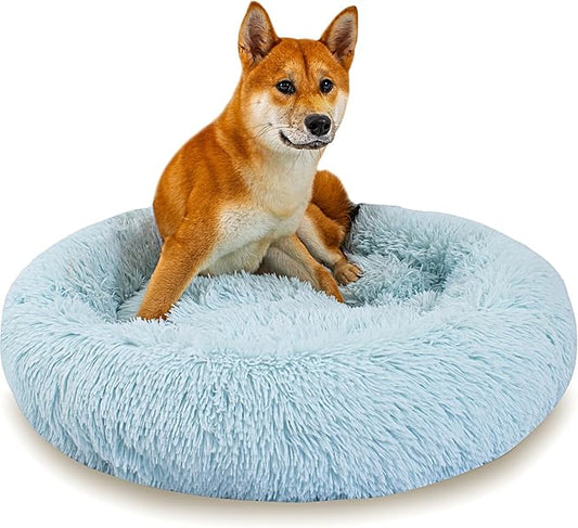Calming Dog Bed for Medium Dogs Cats, Puppy 31'' Round Anti-Anxiety Warm Fluffy Plush Faux Fur Bed, Soft Anti-Slip Donut Washable, Cozy Medium Puppy Bed, Fits up to 50 lbs Pets