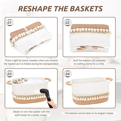 6 Pack Storage Basket for Shelves, Boho Cotton Rope Storage Bins with Heavy Tassel, Shelf Baskets Large Woven Baskets for Organizing, Cube Organizer Bins, Baby Laundry Basket for Clothes, Toys, Pets