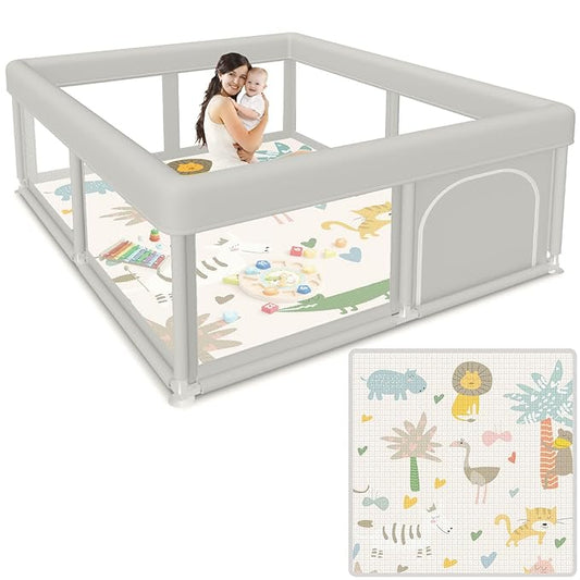 Baby Playpen 50x50 Inch Baby Playpen with Mat, Play Pen for Babies and Toddlers, Playard with Gate, Sturdy Safety Fence, Indoor & Outdoor Kids Activity Center