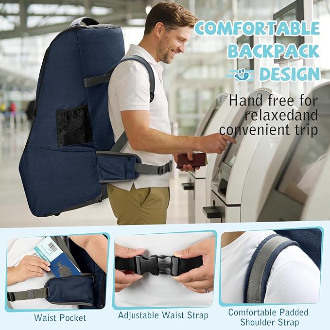 RAINSMORE Car Seat Travel Bag for Airplane Padded Carseat Backpack Heavy-duty Car Seat Cover for Air Travel Infant Car Seat Carrier Bag with Shoulder & Waist Strap, Fits Most Car Seat & Booster Seats