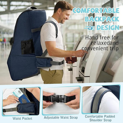 RAINSMORE Car Seat Travel Bag for Airplane Padded Carseat Backpack Heavy-duty Car Seat Cover for Air Travel Infant Car Seat Carrier Bag with Shoulder & Waist Strap, Fits Most Car Seat & Booster Seats