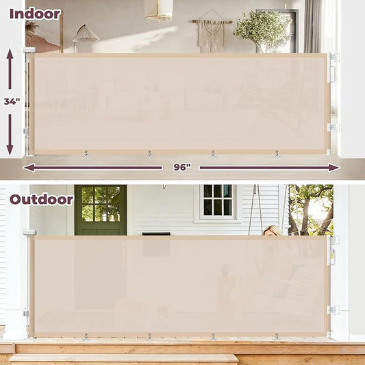 96" Retractable Baby Gates Large Openings, Extra Wide Mesh Dog Gate for Garage Deck Porch, Strong Suction Disc Prevent Crawling Under, 34" Tall Long Safety Gate for Child Indoor Outdoor, Beige