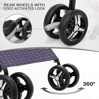 MoNiBloom 4 Wheels Pet Stroller, Easy-Fold Umbrella Shaped Dog Cat Jogger Stroller w/Storage Bag & Visible Mesh for Small/Medium Dogs Cats Plaid