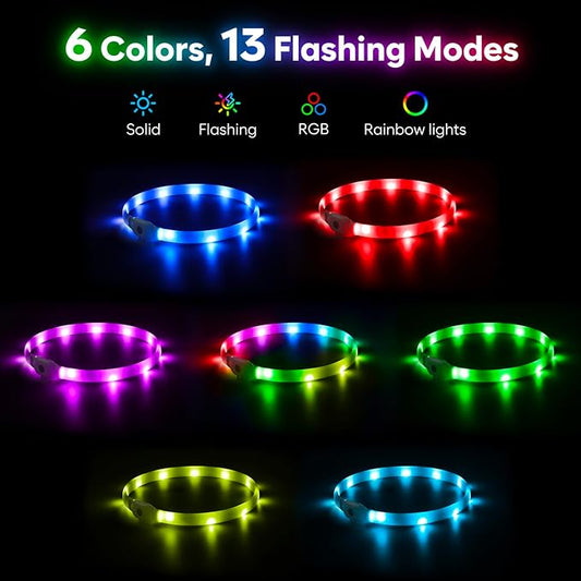HIGO RGB LED Dog Collar Light - USB Rechargeable Light Up Dog Collars, Safety LED Dog Necklace for Your Dogs Walking at Night (Multi-Color)