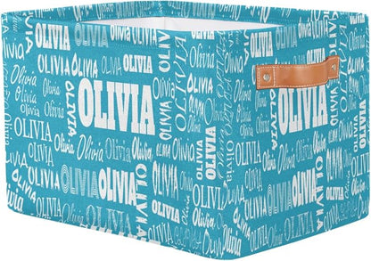 Custom Storage Baskets Named, Personalized Storage Bins Basket Boxes PU Leather Handles for Clothes Bedroom Closet Organizing Toys Books Shelves, Sky Blue Solid Color